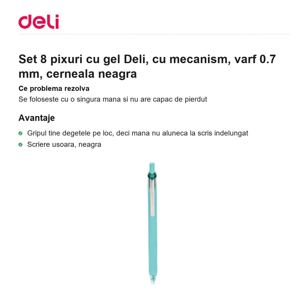 Set 8 pixuri cu gel Deli, cu mecanism, varf 0.7 mm, cerneala neagra [2]