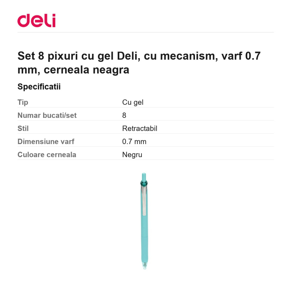 Set 8 pixuri cu gel Deli, cu mecanism, varf 0.7 mm, cerneala neagra [3]