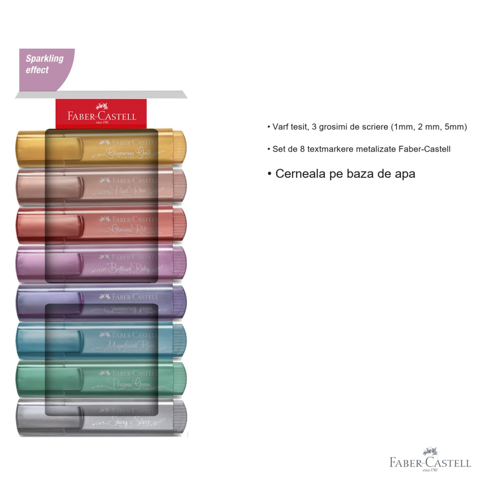 Set 8 textmarkere metalizate Faber-Castell, varf tesit, cerneala pe baza de apa, pentru scriere si decor [3]
