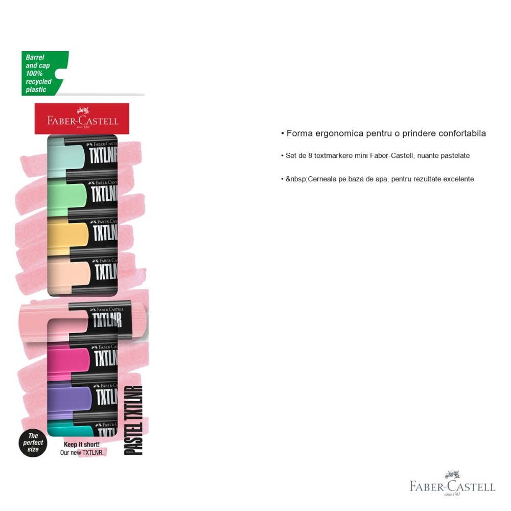 Set 8 textmarkere mini Faber-Castell, nuante pastelate, varf tesit, pentru subliniere si evidentiere [3]
