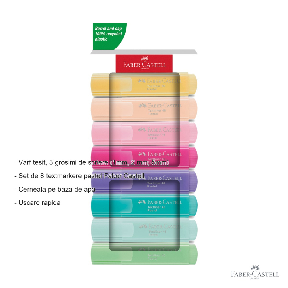 Set 8 textmarkere pastel Faber-Castell, varf tesit, cerneala pe baza de apa, pentru evidentiere documente [2]
