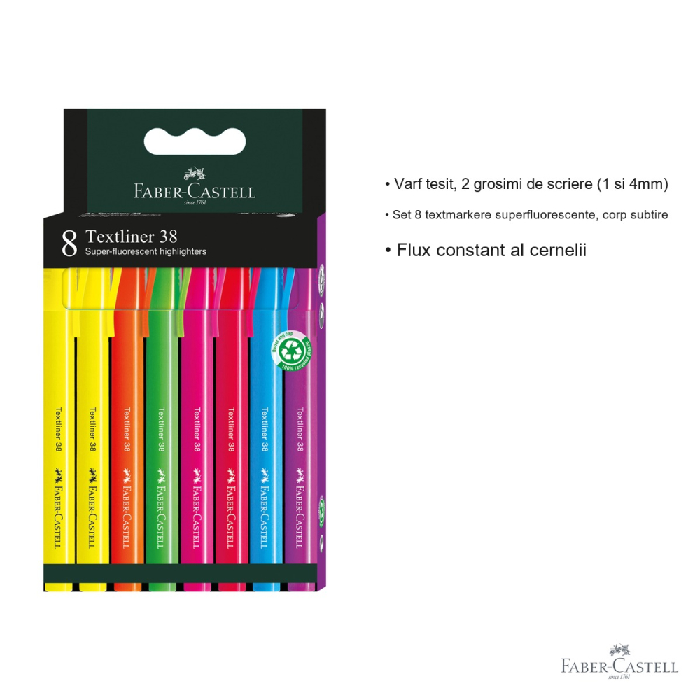 Set 8 textmarkere superfluorescente Faber-Castell 38, varf tesit, 2 grosimi de scriere, pentru birou si scoala [3]