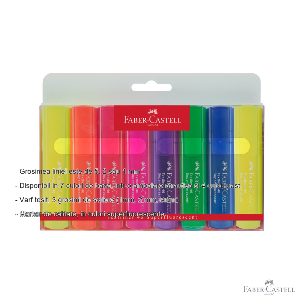 Set 8 textmarkere superfluorescente Faber-Castell, varf tesit, cerneala pe baza de apa, pentru evidentiat text [2]