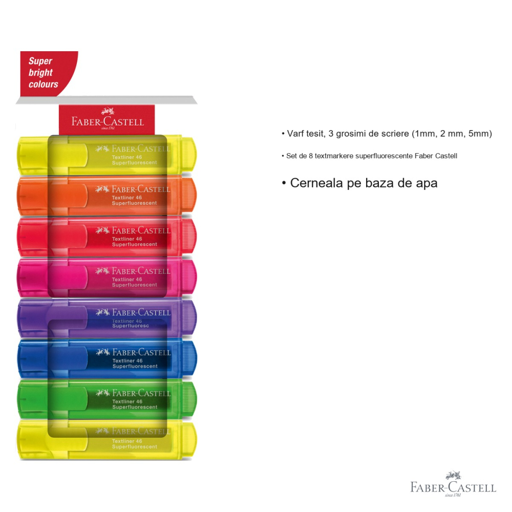 Set 8 textmarkere superfluorescente Faber-Castell, varf tesit, cerneala pe baza de apa, pentru evidentiat text [3]