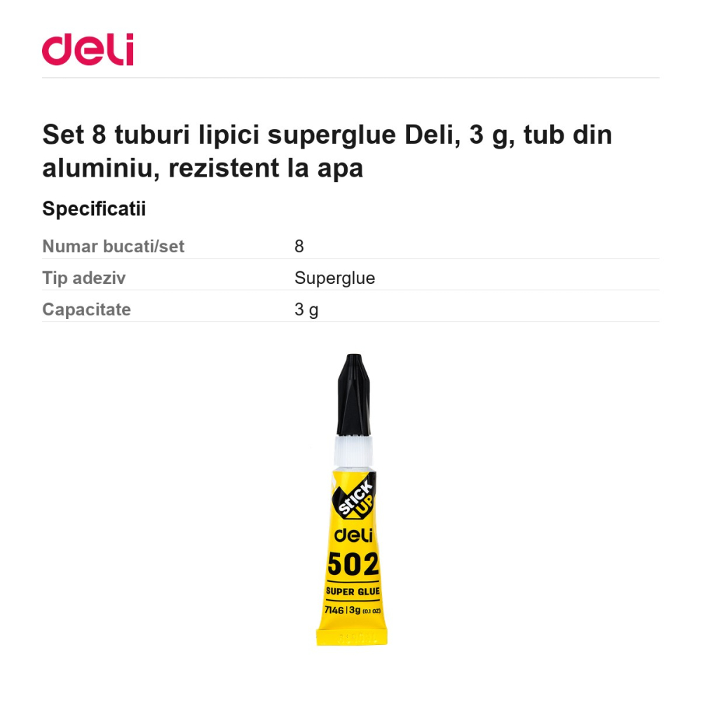 Set 8 tuburi lipici superglue Deli, 3 g, tub din aluminiu, rezistent la apa [3]
