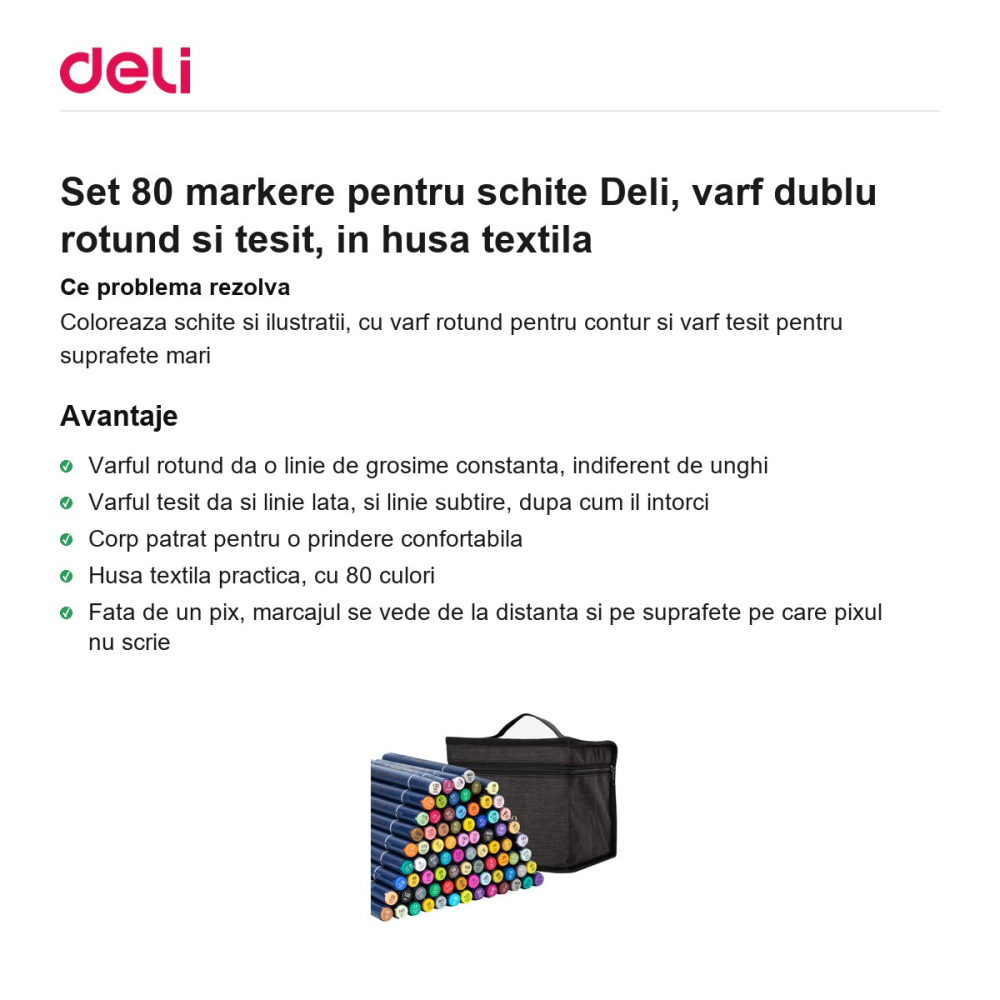 Set 80 markere pentru schite Deli, varf dublu rotund si tesit, in husa textila [2]