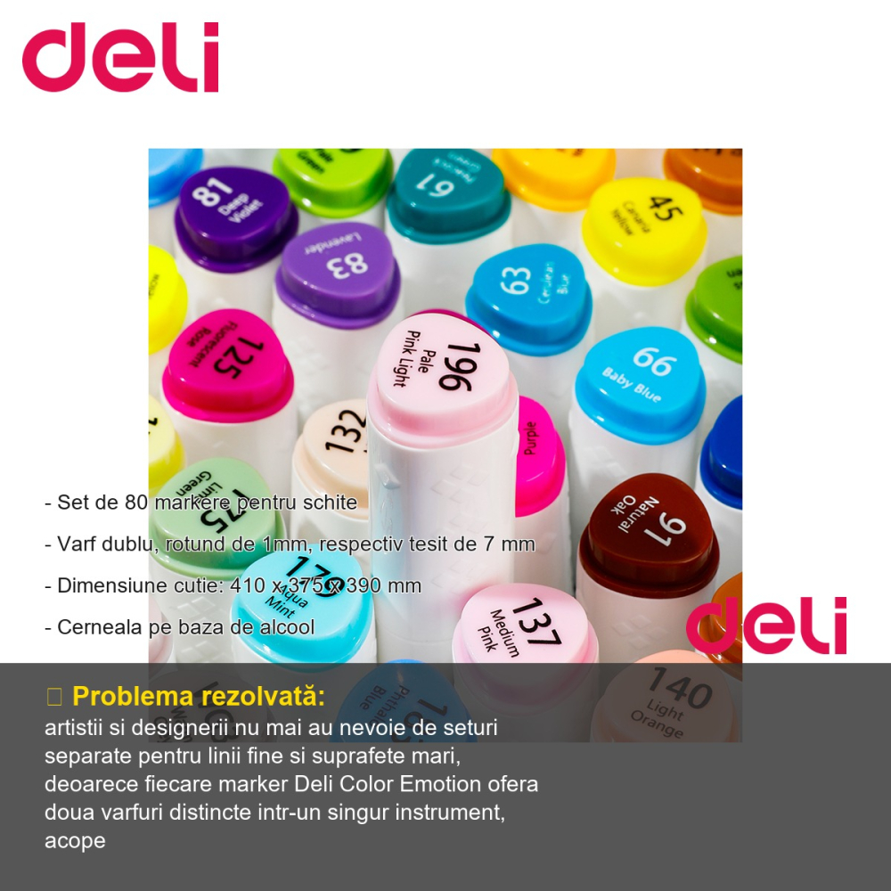 Set 80 markere sketching Deli, varf dublu rotund 1mm si tesit 7mm, cerneala pe baza de alcool, pentru schite si ilustratie [2]