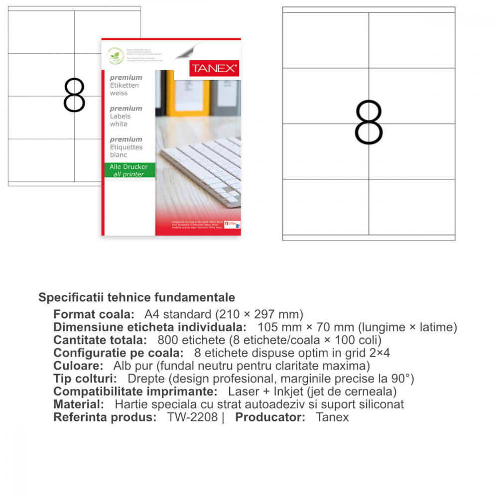 Set 800 etichete autoadezive A4, 100 coli, 8 etichete/coala, 105x70 mm, albe, colturi drepte, pentru imprimante laser si inkjet, Tanex TW-2208 [3]