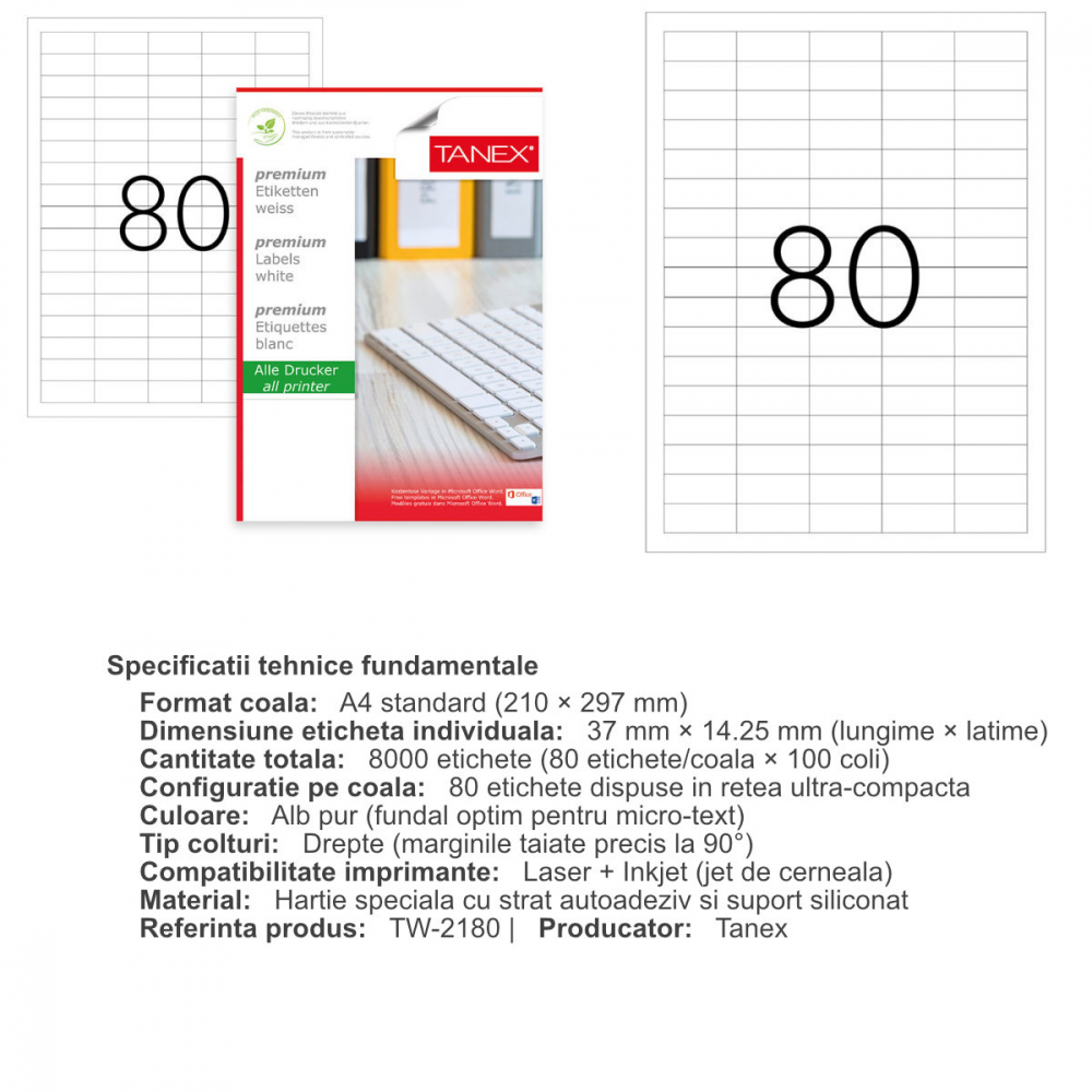 Set 8000 etichete autoadezive A4, 100 coli, 80 etichete/coala, 37x14.25 mm, albe, colturi drepte, pentru imprimante laser si inkjet, Tanex TW-2180 [3]