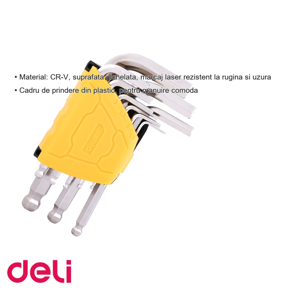 Set 9 chei imbus cap sferic Deli, material CR-V nichelet, pentru suruburi cu locas hexagonal [3]