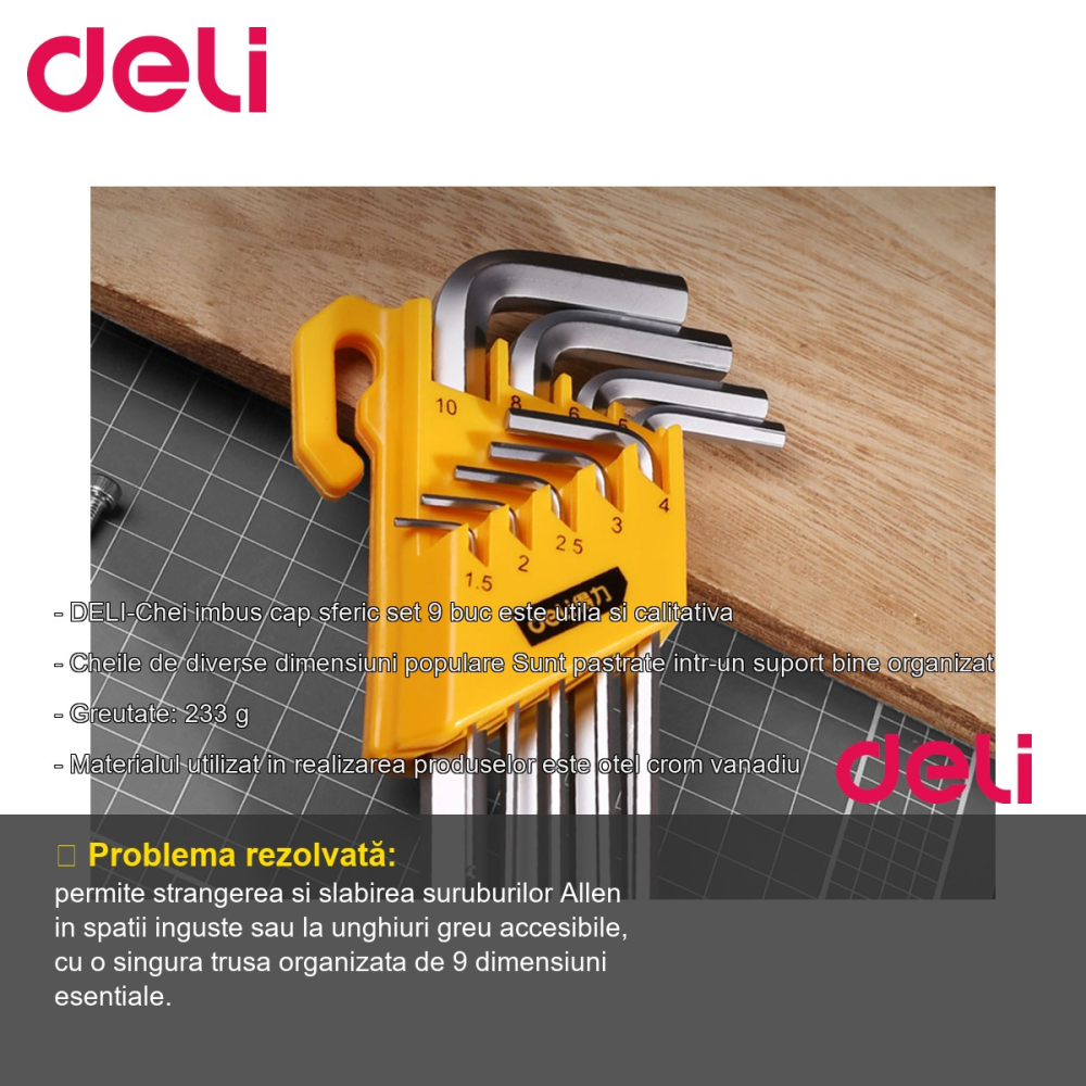Set 9 chei imbus cap sferic Deli, otel crom vanadiu, dimensiuni 1.5-10 mm, cu suport organizator [2]