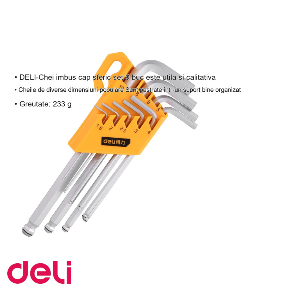 Set 9 chei imbus cap sferic Deli, otel crom vanadiu, dimensiuni 1.5-10 mm, cu suport organizator [3]