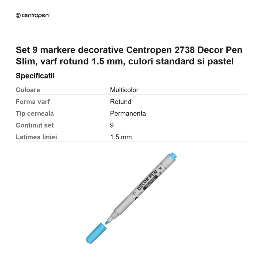 Set 9 markere decorative Centropen 2738 Decor Pen Slim, varf rotund 1.5 mm, culori standard si pastel [3]
