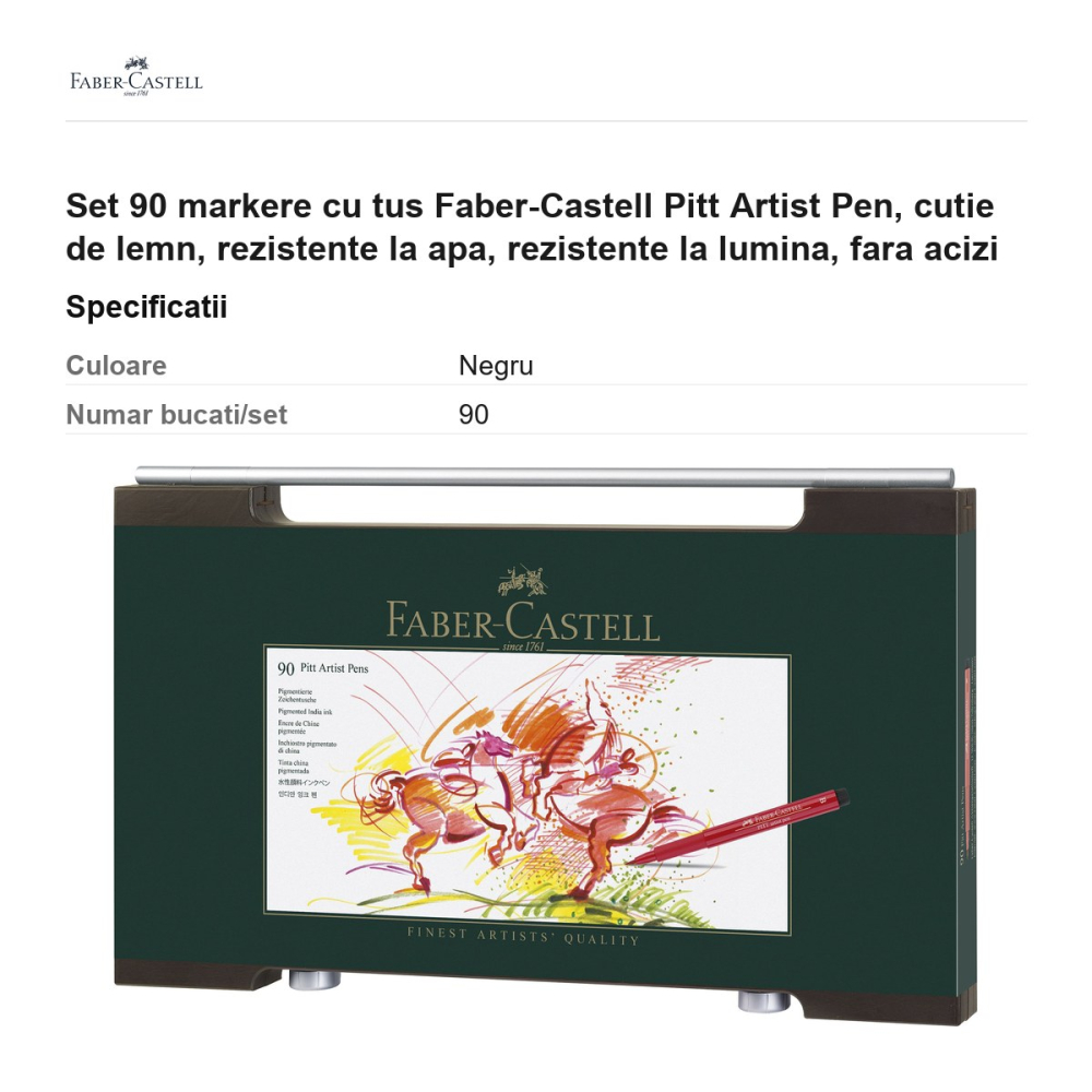 Set 90 markere cu tus Faber-Castell Pitt Artist Pen, cutie de lemn, rezistente la apa, rezistente la lumina, fara acizi [3]