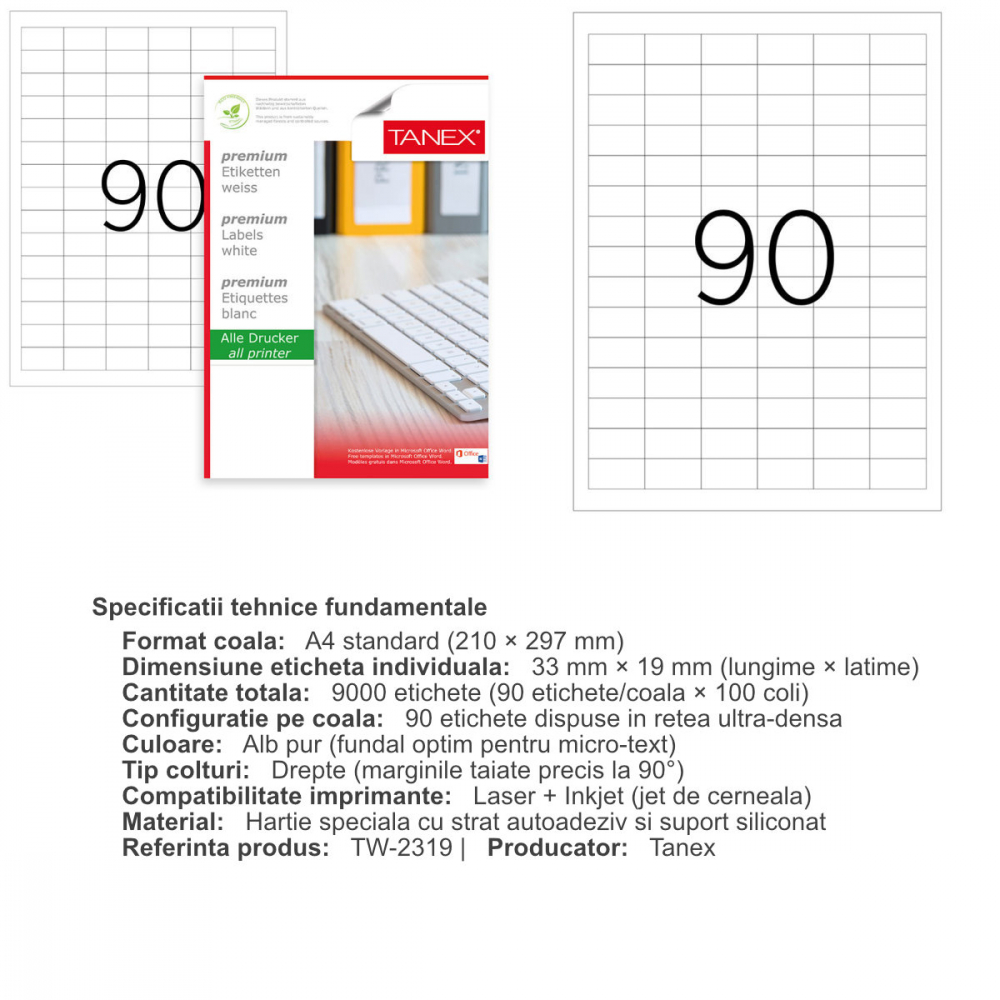 Set 9000 etichete autoadezive A4, 100 coli, 90 etichete/coala, 33x19 mm, albe, colturi drepte, pentru imprimante laser si inkjet, Tanex TW-2319 [3]