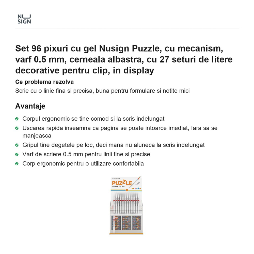Set 96 pixuri cu gel Nusign Puzzle, cu mecanism, varf 0.5 mm, cerneala albastra, cu 27 seturi de litere decorative pentru clip, in display [2]