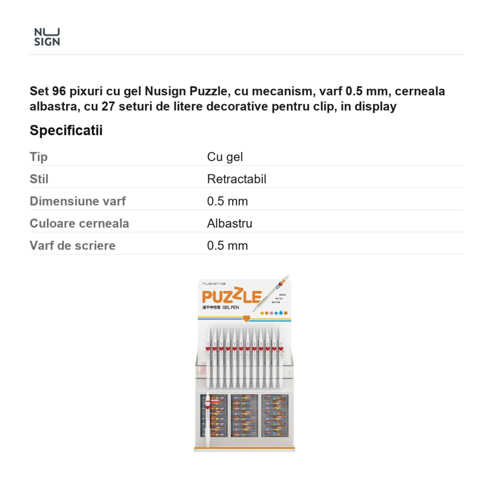 Set 96 pixuri cu gel Nusign Puzzle, cu mecanism, varf 0.5 mm, cerneala albastra, cu 27 seturi de litere decorative pentru clip, in display [3]