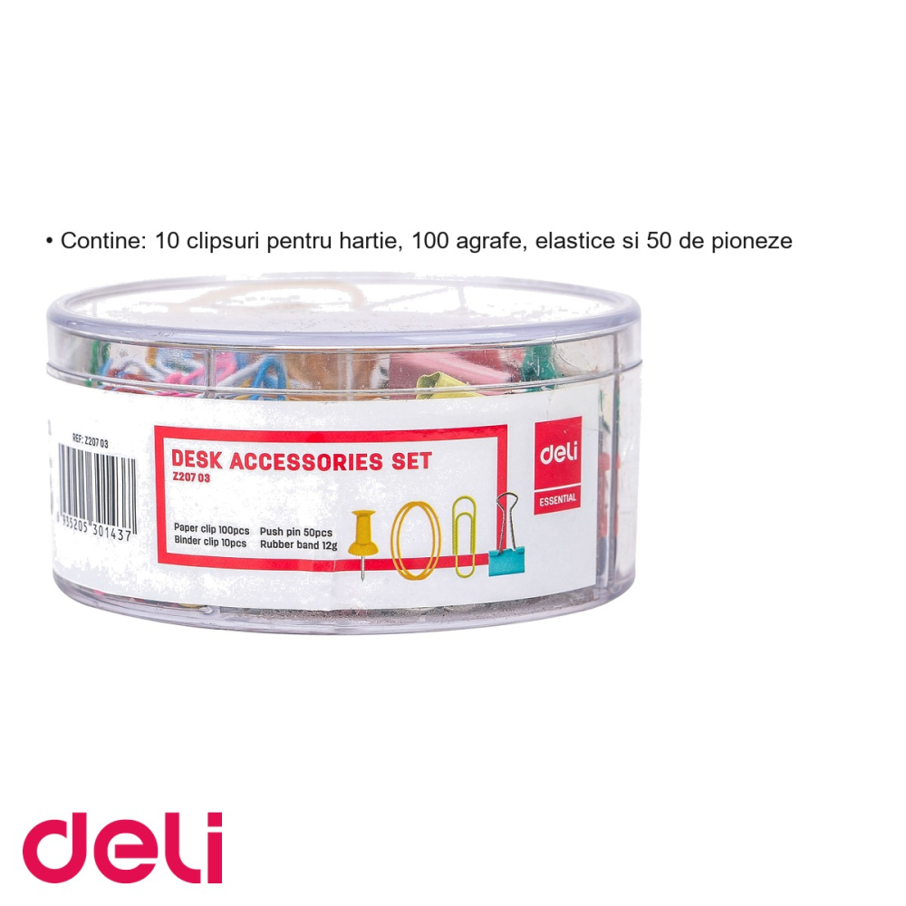 Set accesorii birou Deli, 4 compartimente, cu clipsuri, agrafe, elastice si pioneze, pentru birou, acasa sau scoala [3]