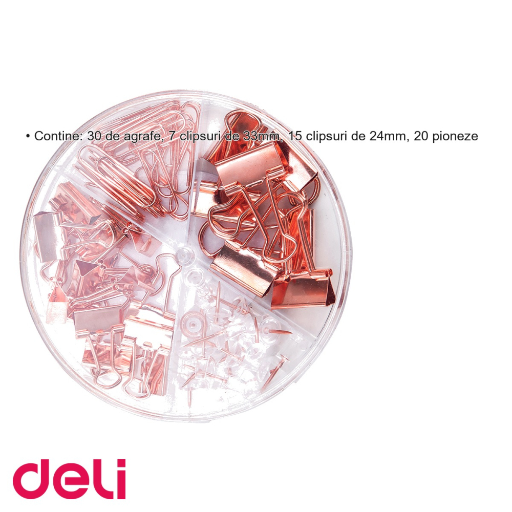 Set accesorii birou Deli auriu - agrafe, clipsuri si pioneze, organizare eficienta la birou [3]
