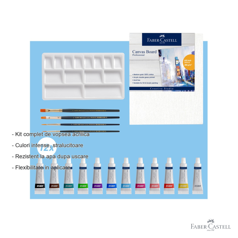 Set acrilic creativ Faber-Castell, 18 piese (12 culori x 9ml, canvas, paleta, 4 pensule), pentru incepatori si amatori [2]