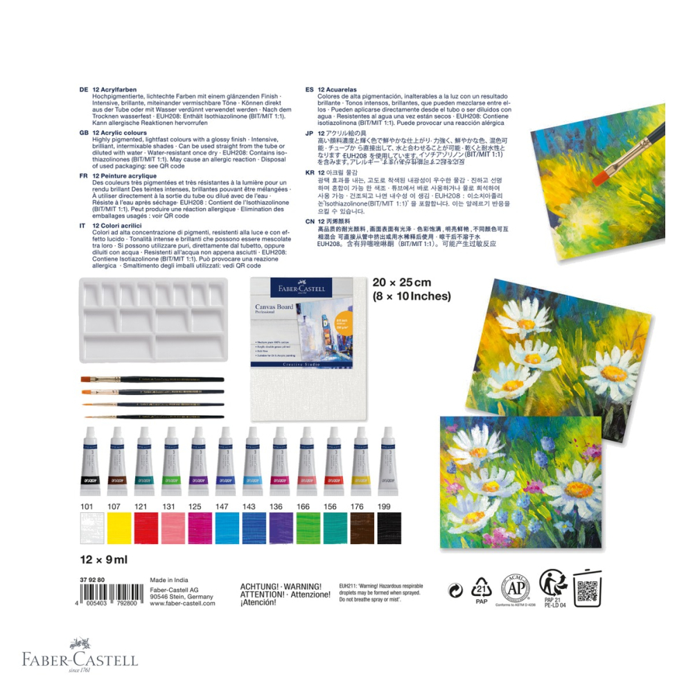 Set acrilic creativ Faber-Castell, 18 piese (12 culori x 9ml, canvas, paleta, 4 pensule), pentru incepatori si amatori [4]