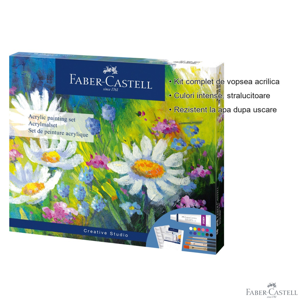 Set acrilic creativ Faber-Castell, 18 piese (12 culori x 9ml, canvas, paleta, 4 pensule), pentru incepatori si amatori [3]