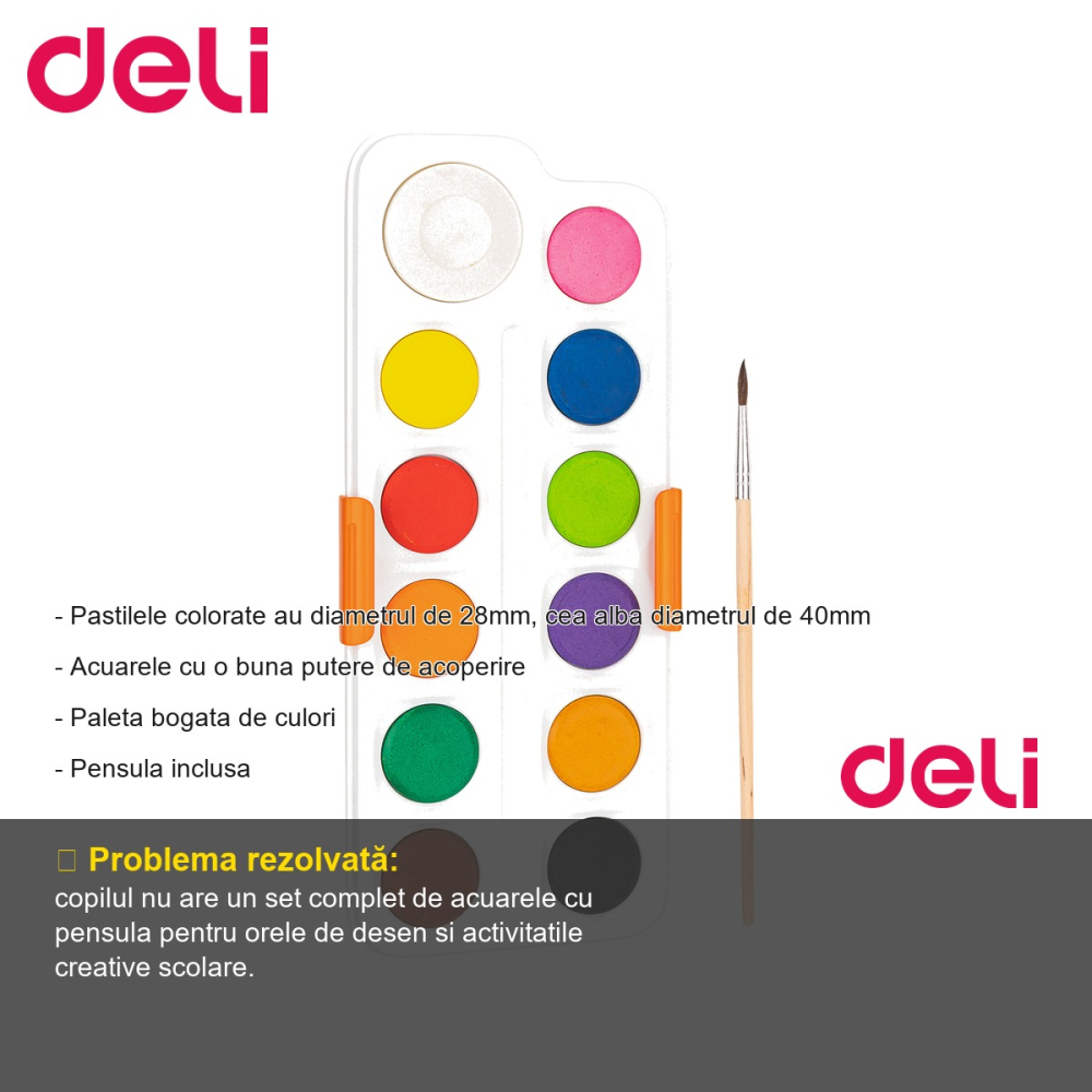Set acuarele 12 culori Deli, pastile 28mm cu pensula inclusa, pentru desen si pictura [2]