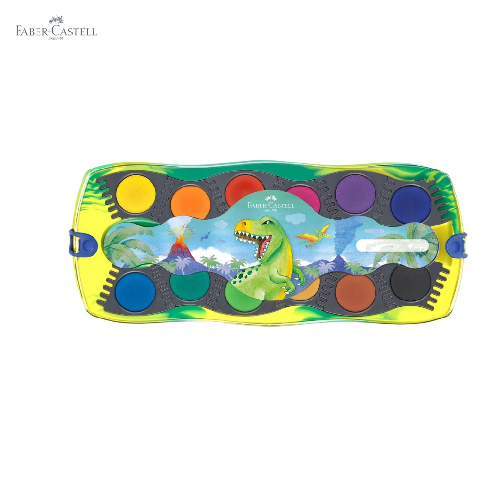 Set acuarele 12 culori Faber-Castell Connector Dinozauri, capac transparent cu paleta, pentru copii [5]