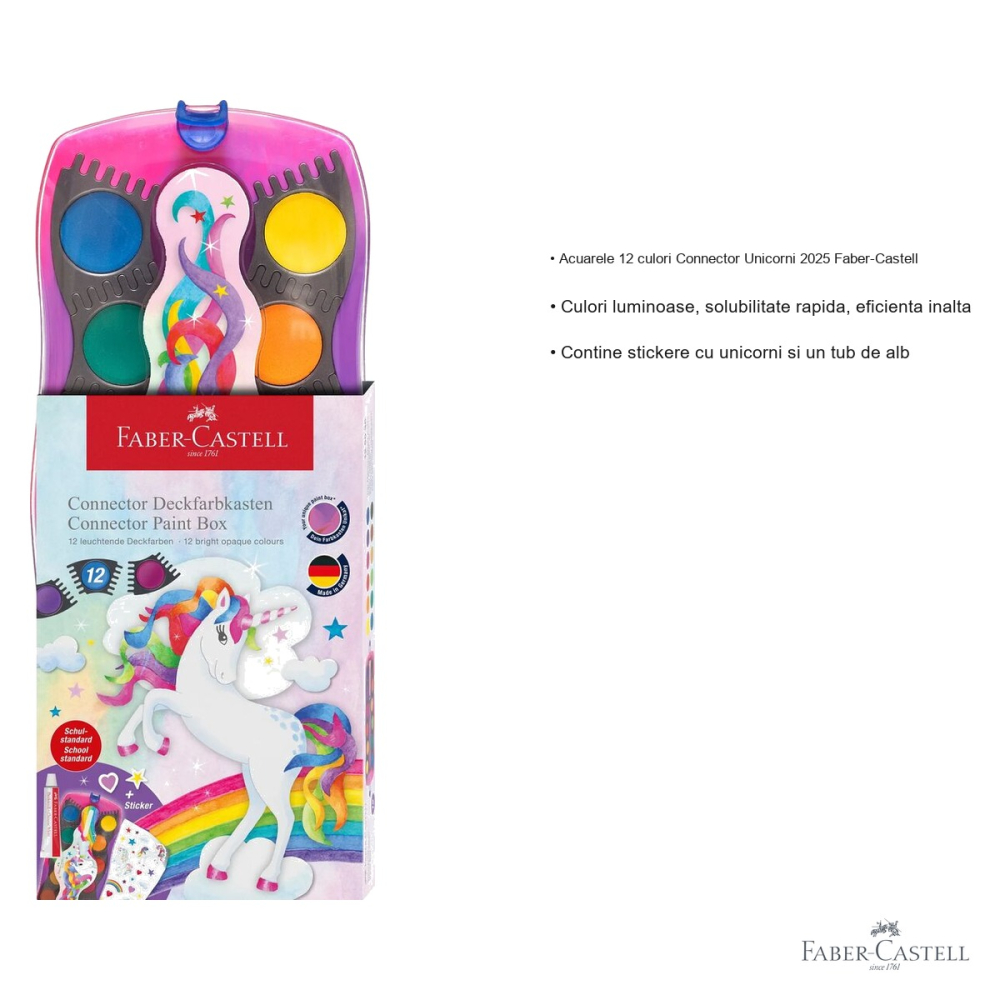 Set acuarele 12 culori Faber-Castell Connector Unicorni, capac transparent cu paleta, pentru copii [3]