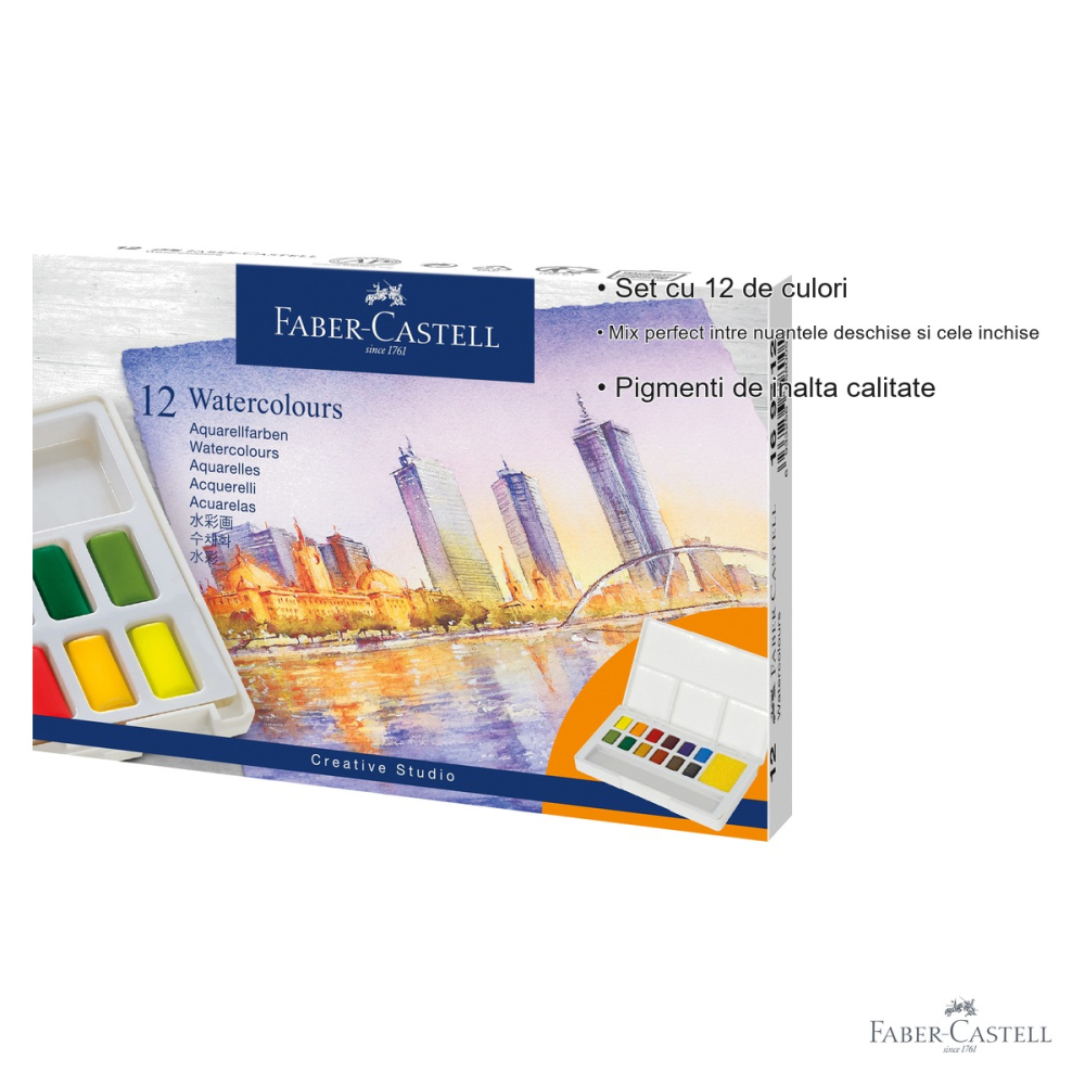 Set acuarele 12 culori Faber-Castell Creative Studio, pigmenti de inalta calitate, pentru pictura in aer liber [3]