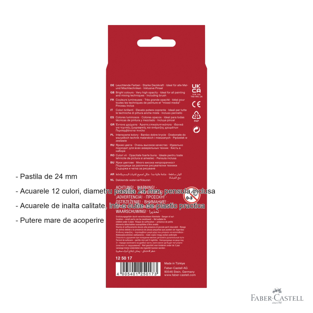 Set acuarele 12 culori Faber-Castell, pastila 24 mm cu pensula inclusa, pentru scoala si desen [2]