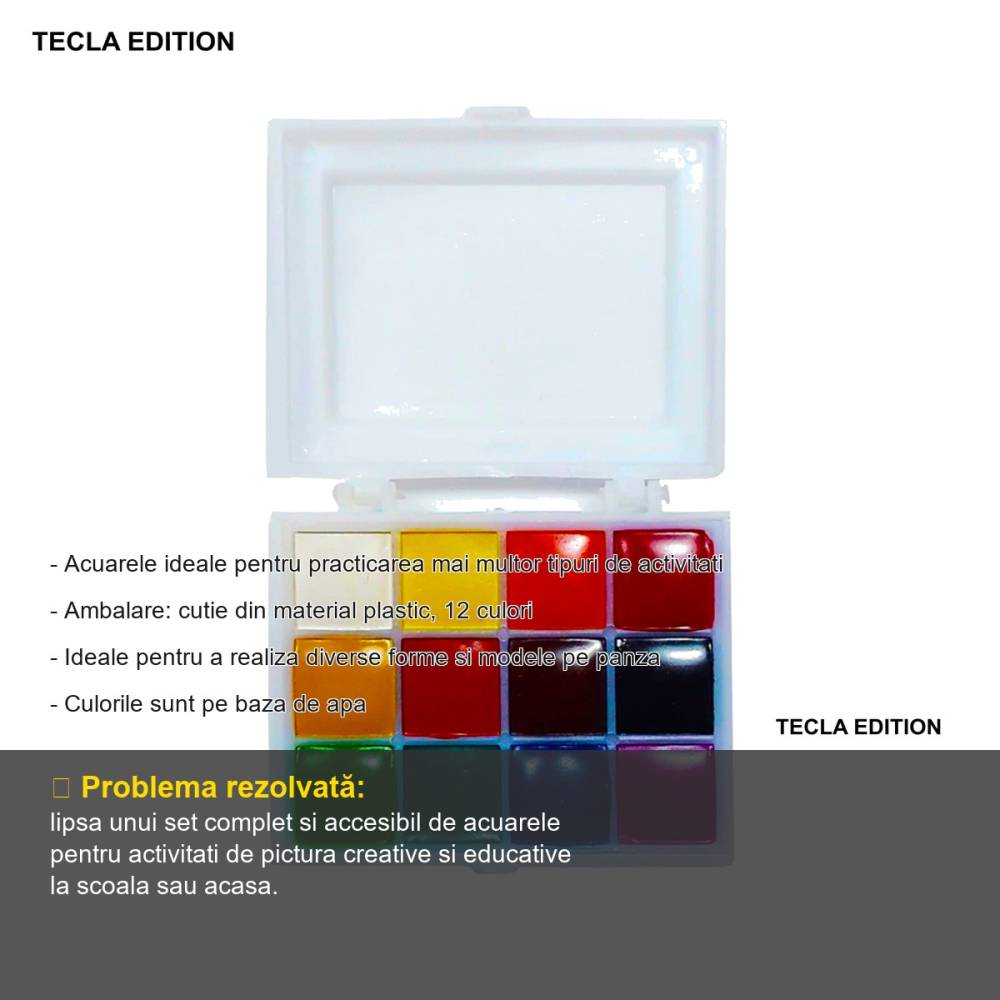 Set acuarele 12 culori Tecla Edition, vopsele pe baza de apa, pentru scoala si activitati creative in familie [2]