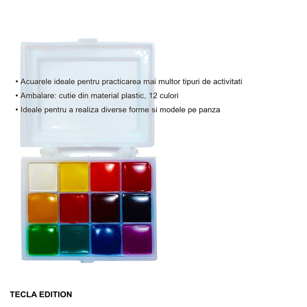 Set acuarele 12 culori Tecla Edition, vopsele pe baza de apa, pentru scoala si activitati creative in familie [3]
