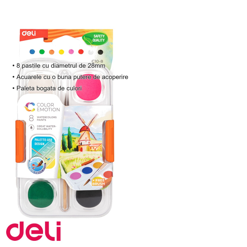 Set acuarele Deli, 8 culori pastile 28mm cu pensula inclusa, pentru desen si pictura scolara [3]