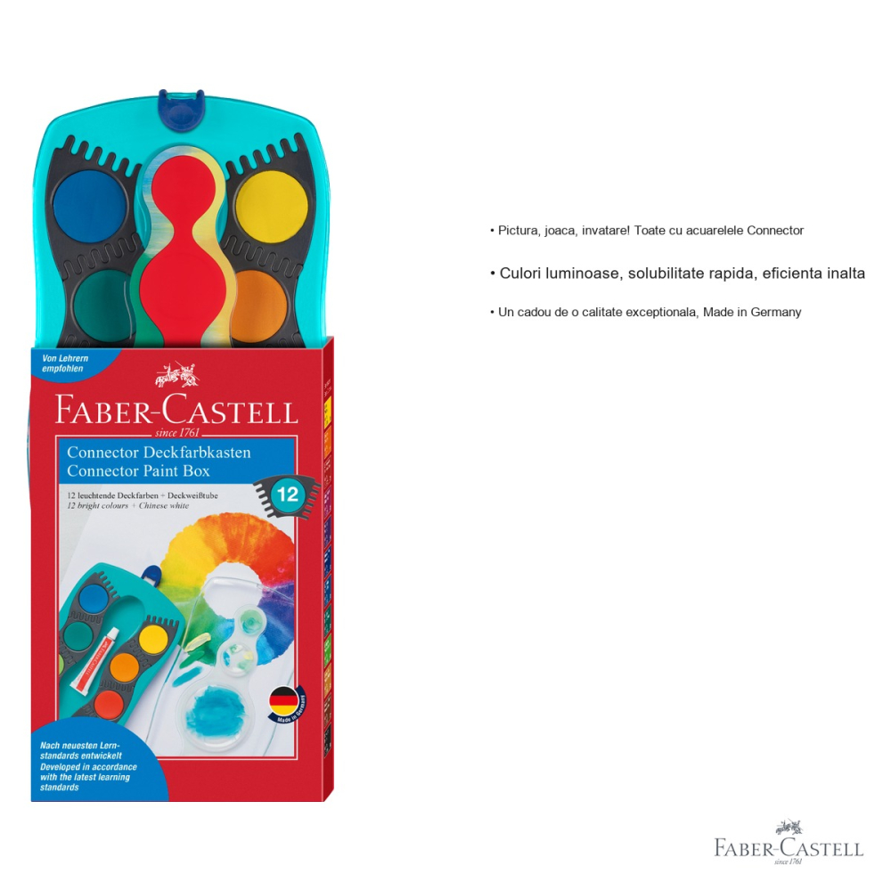 Set acuarele Faber-Castell Connector 12 culori, capac transparent cu paleta integrata, pentru copii si scoala [3]