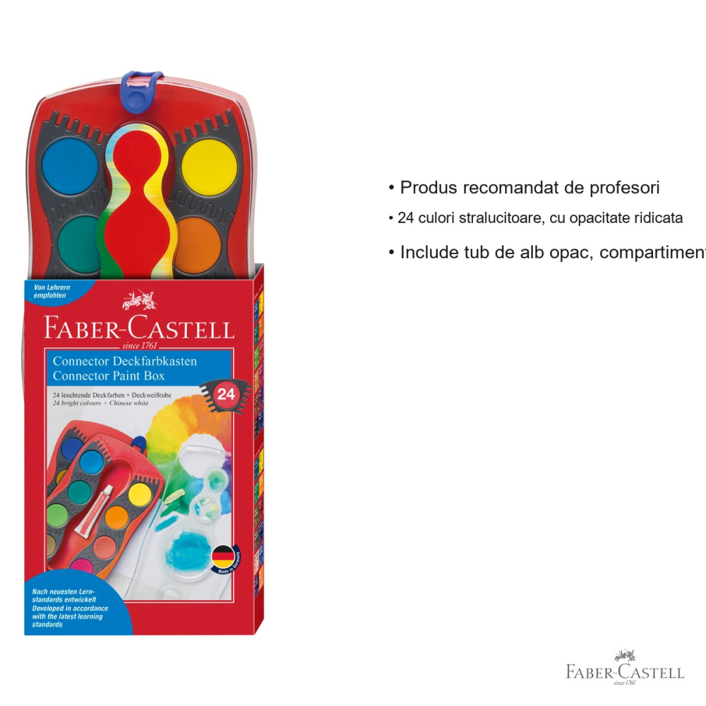 Set acuarele Faber-Castell Connector 24 culori, capac-paleta transparent, cu tub alb si pensula incluse, pentru scoala [3]