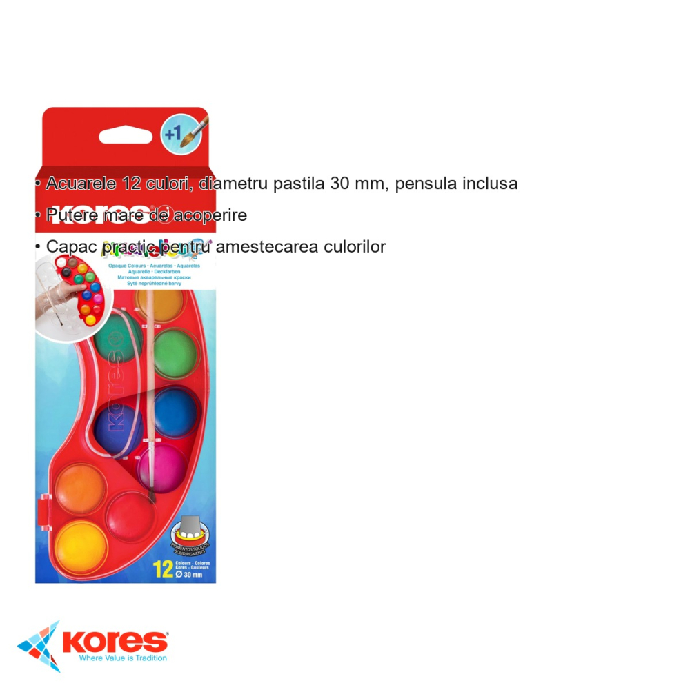 Set acuarele Kores Akuarellos, 12 culori cu pensula inclusa, pastile 30 mm, pentru copii si scolari [3]