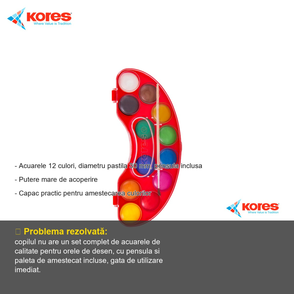 Set acuarele Kores Akuarellos, 12 culori cu pensula inclusa, pastile 30 mm, pentru copii si scolari [2]