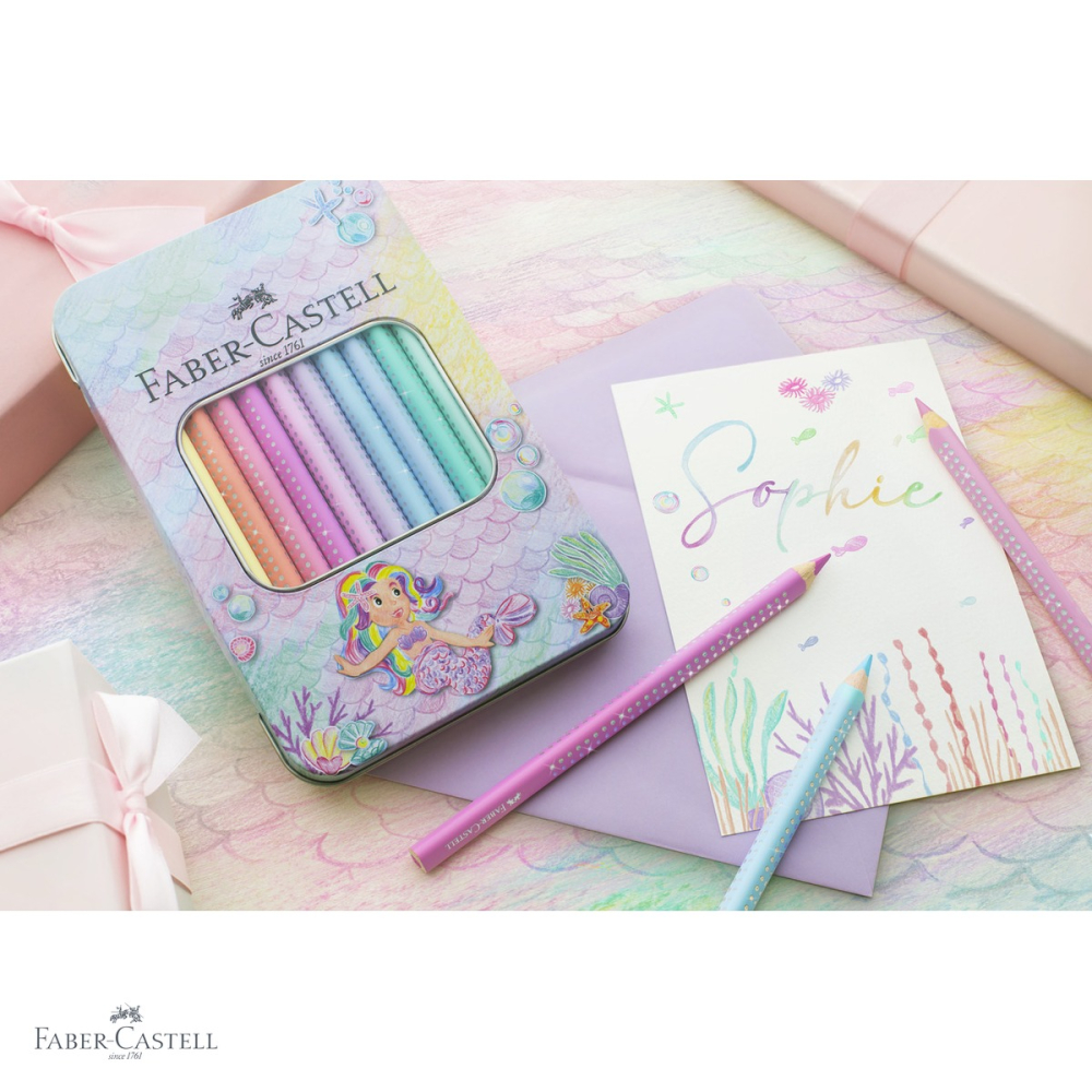 Set cadou 10 creioane colorate jumbo Faber-Castell Sparkle, pastel, cutie metalica sirena, pentru copii [4]