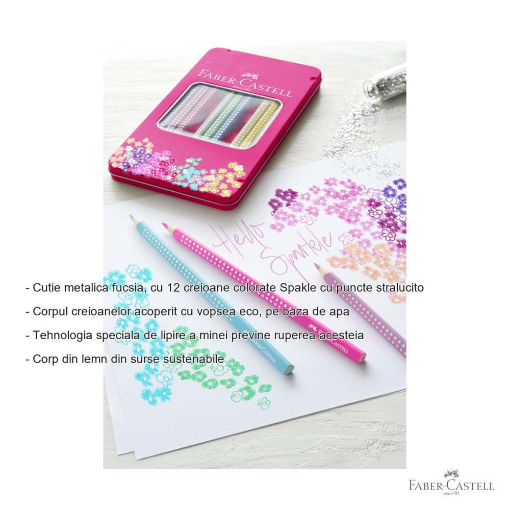 Set cadou 12 creioane colorate Faber-Castell Sparkle, cu sclipici, cutie metalica fucsia, pentru copii [2]