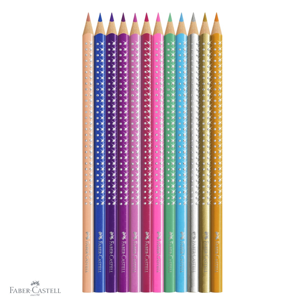 Set cadou 12 creioane colorate Faber-Castell Sparkle, cu sclipici, cutie metalica fucsia, pentru copii [4]