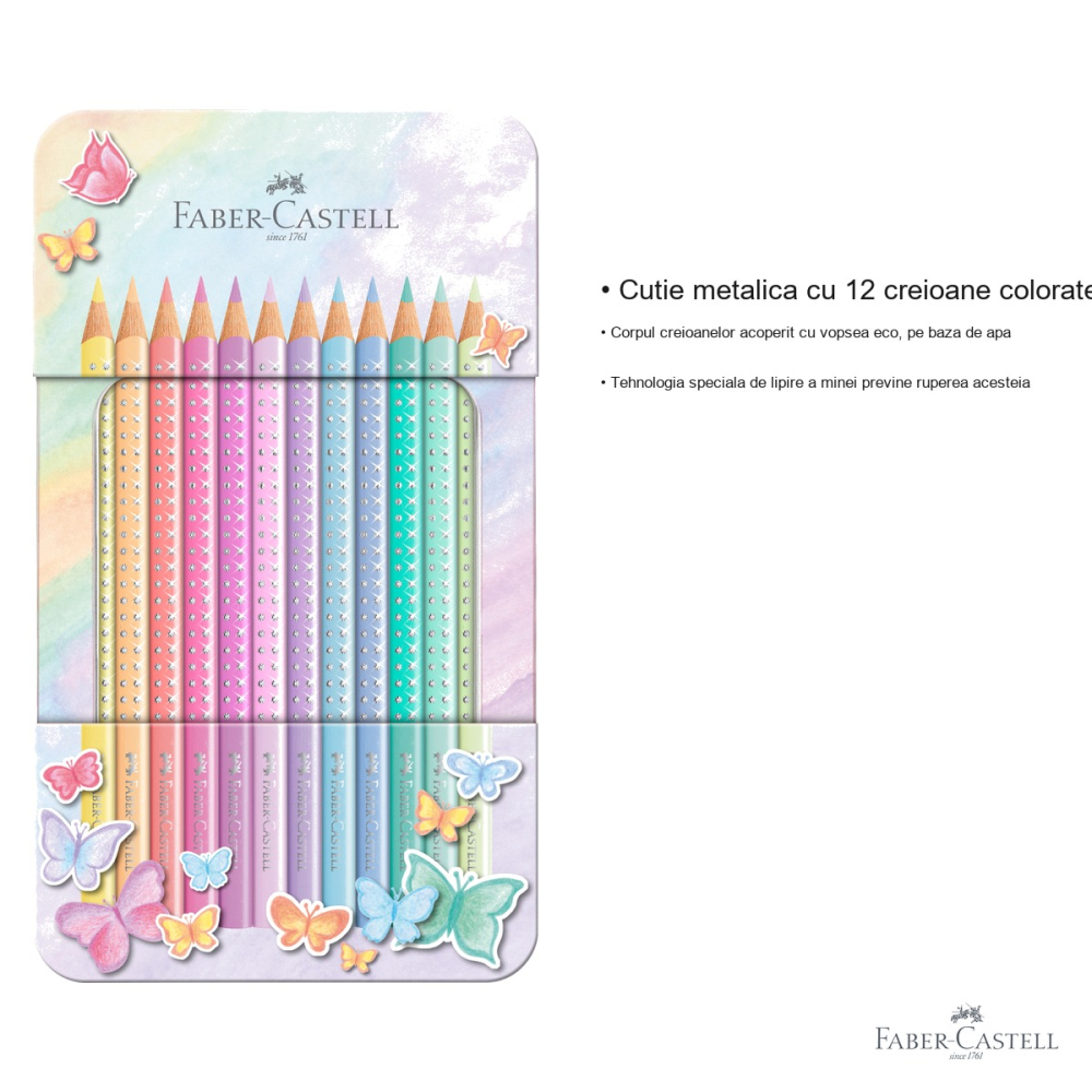 Set cadou 12 creioane colorate pastel Faber-Castell Sparkle, cutie metalica, culori stralucitoare, pentru copii [3]
