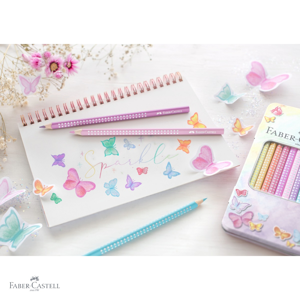 Set cadou 12 creioane colorate pastel Faber-Castell Sparkle, cutie metalica, culori stralucitoare, pentru copii [4]