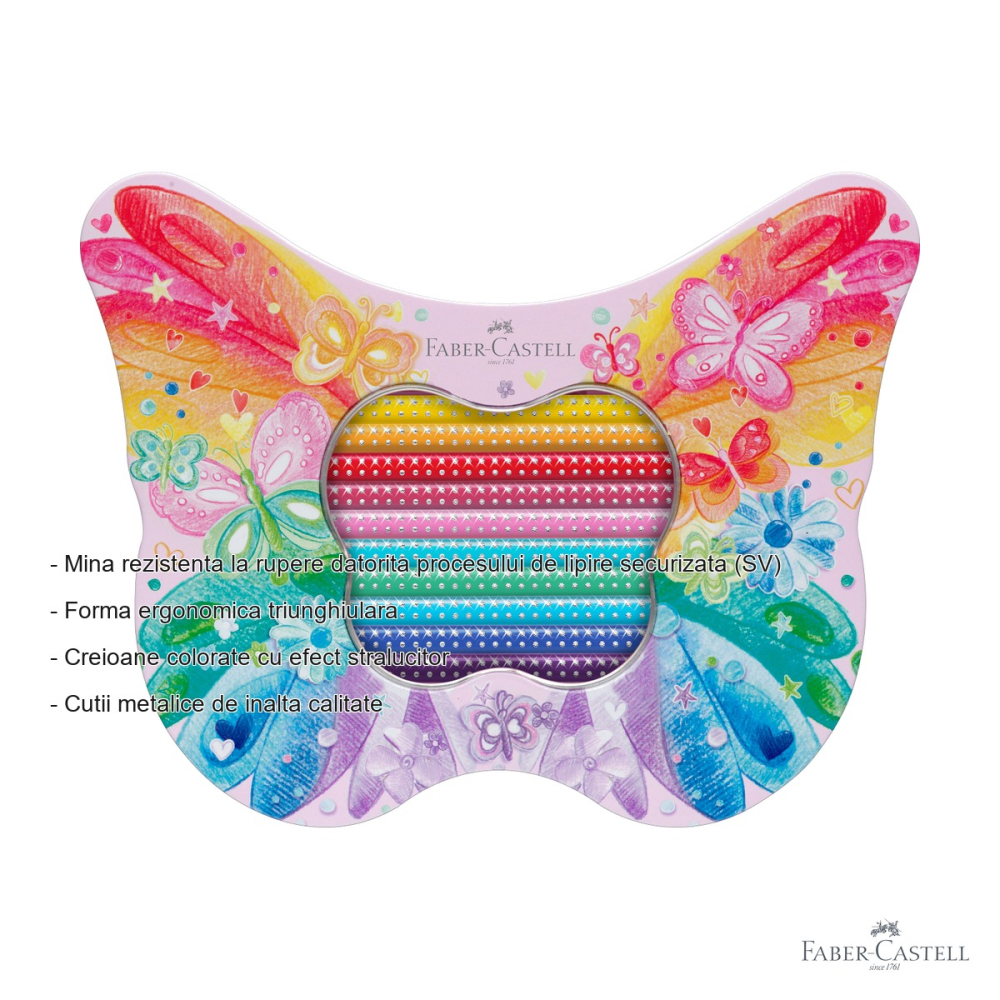 Set cadou 20 creioane colorate Faber-Castell Sparkle Butterfly, standard si pastel, cutie metalica fluture pentru copii [2]