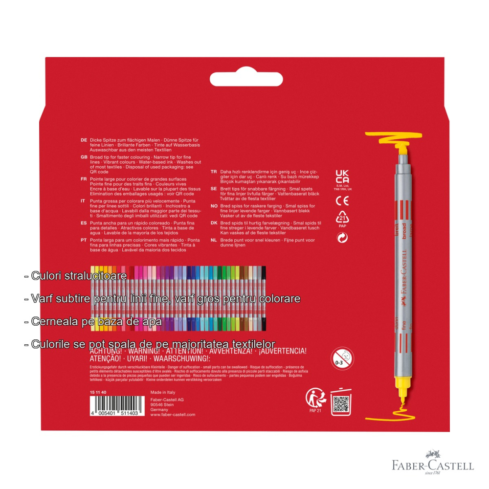 Set carioci Faber-Castell, 40 culori, doua varfuri (subtire si gros), cerneala pe baza de apa, pentru copii si adulti [2]