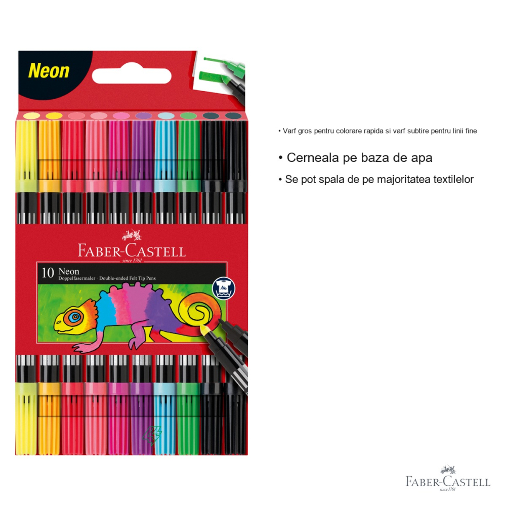 Set carioci Faber-Castell cu 2 capete, 10 culori neon, varf gros si subtire, pentru copii si scoala [3]