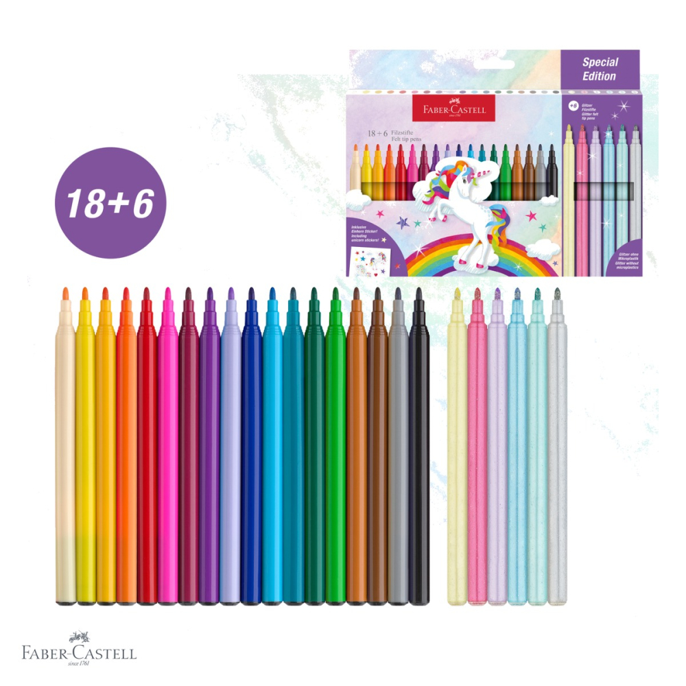 Set carioci Faber-Castell tema unicorni, 18 culori standard + 6 pastel cu sclipici, pentru desen si pictura [4]