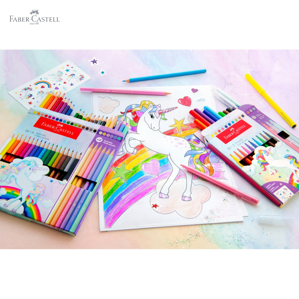 Set carioci Faber-Castell tema unicorni, 18 culori standard + 6 pastel cu sclipici, pentru desen si pictura [5]