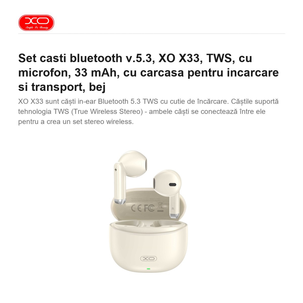 Set casti bluetooth v.5.3, XO X33, TWS, cu microfon, 33 mAh, cu carcasa pentru incarcare si transport, bej [2]