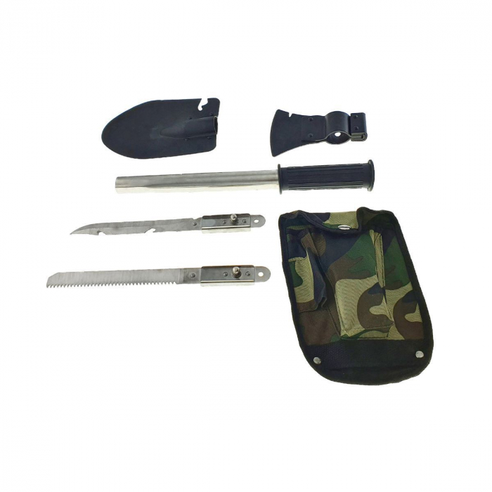 Set cazma, topor, cutit si fierastrau, cu coada metalica 340x30mm cu maner si husa cu prindere la centura [8]